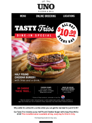 Uno Pizzeria & Grill - 🍔 Unbeatable Tasty Trios Deal at UNO!