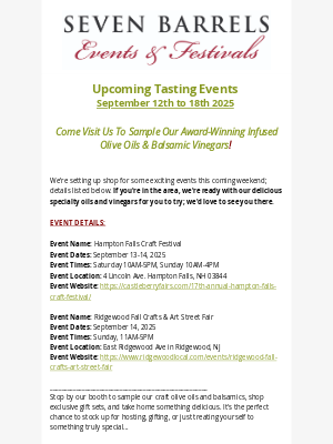 Seven Barrels - This Week’s Tasting Events Inside 🫒🍾