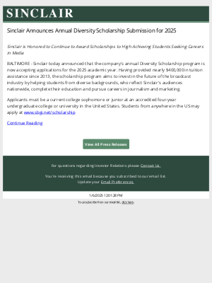 Sinclair Broadcast Group - Sinclair Announces Annual Diversity Scholarship Submission for 2025