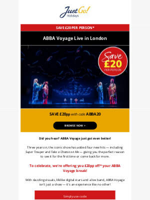Just Go! Holidays (United Kingdom) - Mamma Mia! SAVE £20pp on ABBA Voyage