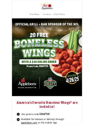 Applebee's - NFL Draft Deal: 20 Free Boneless Wings