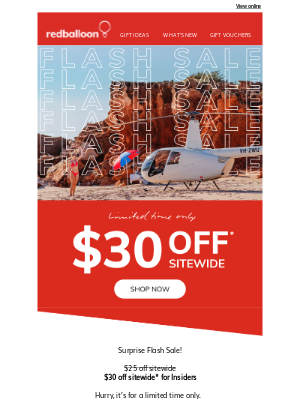 RedBalloon (Australia) - $30 off sitewide Flash Sale 🚨