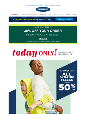 Old Navy - Confirmed: 50% off ADULT DYNAMIC FLEECE today only!