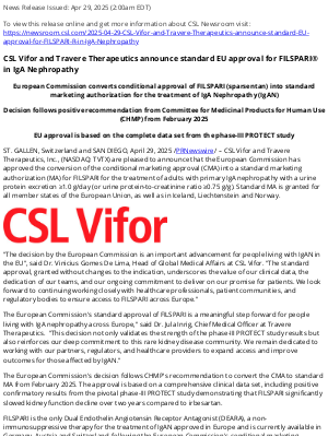 CSL Computer - CSL Vifor and Travere Therapeutics announce standard EU approval for FILSPARI® in IgA Nephropathy