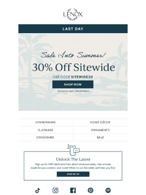 Lenox - Last Day to Save Sitewide!⛵