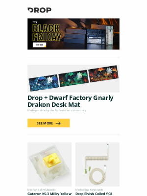 Massdrop - Drop + Dwarf Factory Gnarly Drakon Desk Mat, Gateron KS-3 Milky Yellow Pro Mechanical Switches, Drop Elvish Coiled YC8 Keyboard Cable and more...