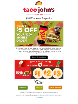 Taco John's - Deal Alert! 🚨 $5 Off Your Mobile Order!