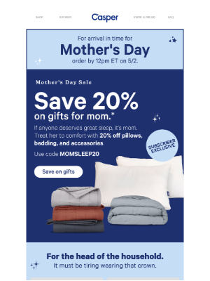 Casper - Save 20% on gifts for mom.