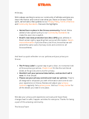 Strava - We’re updating our Privacy Policy