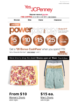 JCPenney - Last day! $5, $10, $15 Power Penney deals!