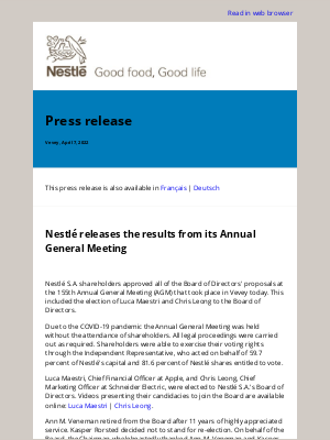 Nestle - Nestlé releases the results from its Annual General Meeting