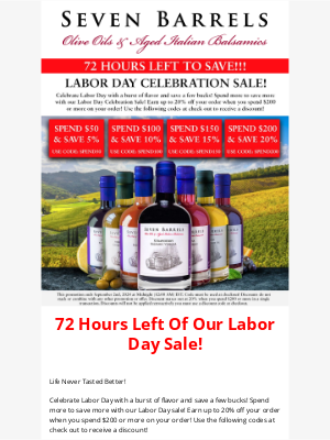 Seven Barrels - 72 Hours Left Of Our Labor Day Sale Is Here! Save Up To 20% On Your Order When...