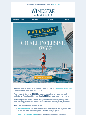 Windstar Cruises - There’s More Time for Complimentary Drinks, Wi-Fi & Gratuities.