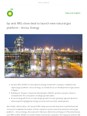 BP - bp and XRG close deal to launch new natural gas platform – Arcius Energy