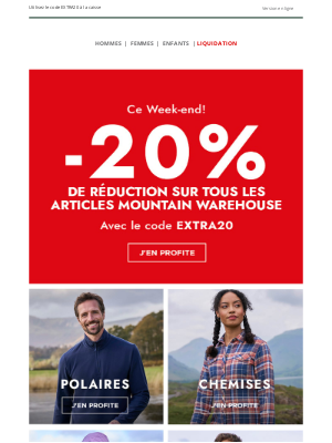 Mountain Warehouse (France) - Se dépêcher! 20 % de réduction supplémentaire ce week-end 📢