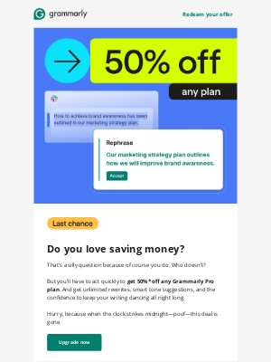 Grammarly - 🕒🔥 Last chance: Grammarly Pro for 50% off ends at midnight