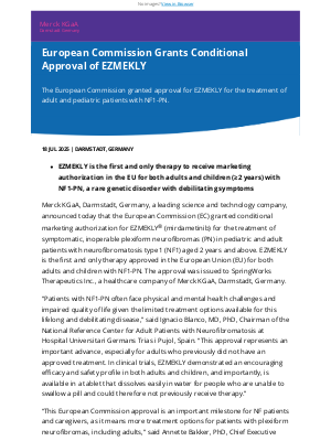 Merck KGaA - European Commission Grants Conditional Approval of EZMEKLY