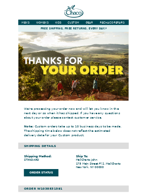example of related products in an order confirmation email by Chaco