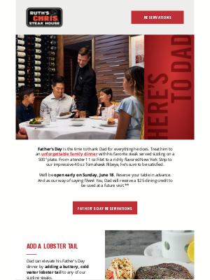 Ruth's Chris - Treat Dad on his Special Day: Father's Day Reservations