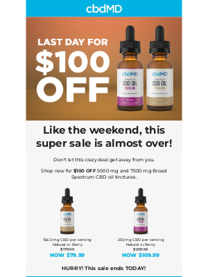 cbdMD - $100 OFF Tinctures Ends Today!!