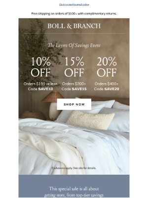 Boll & Branch - Don't miss out! 10% → 15% → 20% OFF