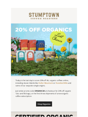 Stumptown Coffee Roasters - Last day for 20% off organics