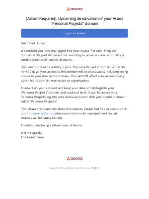 Asana - [Action Required]: Upcoming deactivation of your Asana 