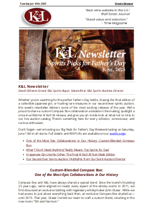 K&L Wine Merchants - Father's Day Picks: Custom Whisky, Rare Gin, and a Spirits Auction for the Ages