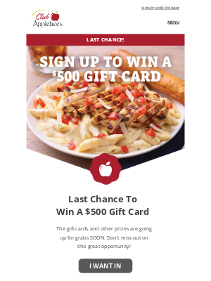 Applebee's - $500 of free Applebee's eats... Act fast!