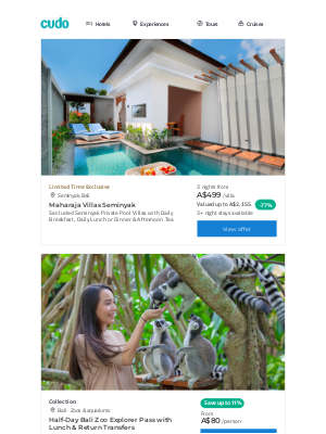 Cudo Australia - Bali Bliss Awaits: Seminyak Private Pool Villas w. Daily Dining, Bali: Half-Day Bali Zoo Explorer Pass w. Lunch + Transfers, Bali Bestseller w. Daily Dining & Free-Flow Cocktails