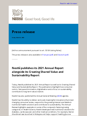 Nestle - Nestlé publishes its 2021 Annual Report alongside its Creating Shared Value and Sustainability Report