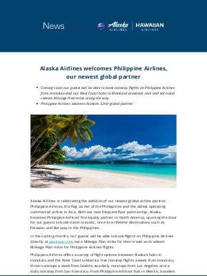 Alaska Airlines - Alaska Airlines welcomes Philippine Airlines, our newest global partner