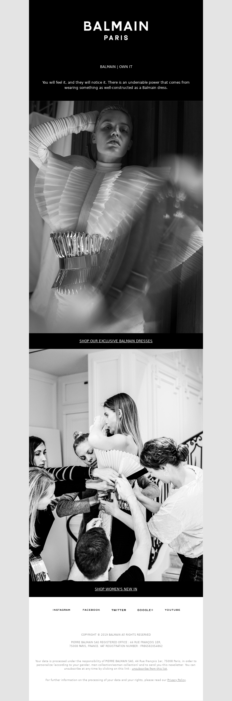 High-fashion dress email example from Balmain