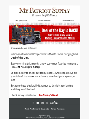 My Patriot Supply - It’s back: Deal of the Day