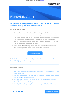 Fenwick & West - [Fenwick Alert] DOJ Announces Key Revisions to Corporate Enforcement and Voluntary Self-Disclosure Policy