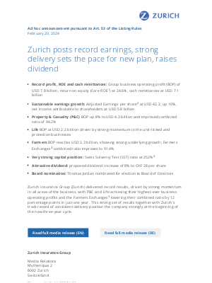 Zurich posts record earnings, strong delivery sets the pace for new plan, raises dividend