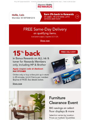Office Depot & Office Max - 15% back in bonus rewards on ALL Ink and Toner (for Rewards Members)