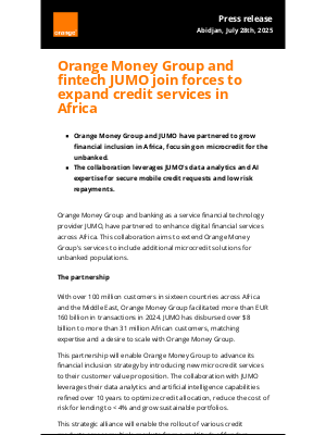 Orange - Orange Money Group and fintech JUMO join forces to expand credit services in Africa