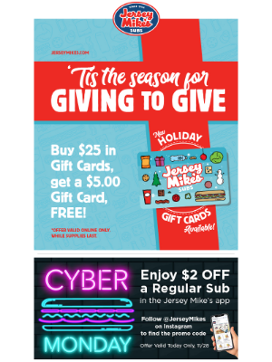 Jersey Mikes - Buy $25 in Gift Cards, get a $5 Gift Card, FREE!