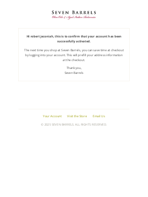 Seven Barrels - Customer account confirmation