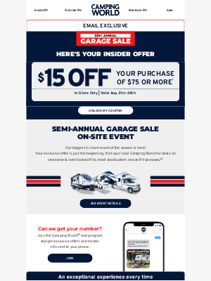 Camping World - EMAIL EXCLUSIVE: $15 OFF in store this weekend only!