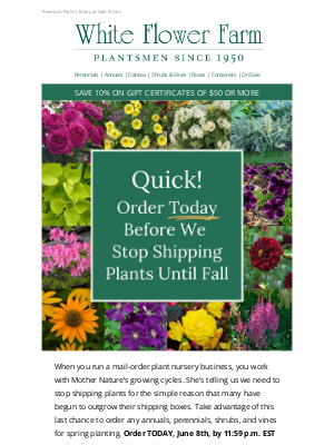 White Flower Farm - TODAY Is Last Chance to Order Spring-Shipped Plants!