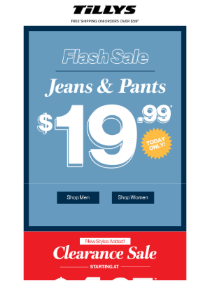 Tillys - TODAY ONLY $19.99 Jeans & Pants + Clearance Sale