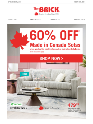 The Brick (Canada) - 🍁60% off Made-in-Canada sofas