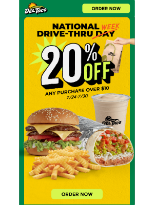 Del Taco Restaurants - It’s National Drive Thru Day! Enjoy 20% OFF!