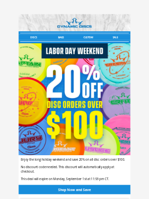 Dynamic Discs - 🚨 Labor Day Weekend Sale - 20% Off Disc Orders Over $100