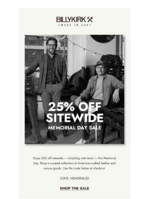 Billykirk, Inc. - 25% Off Memorial Day Sale Starts Now