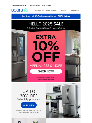 Sears - New Year Savings Of An Extra 10% Off On Appliances And More