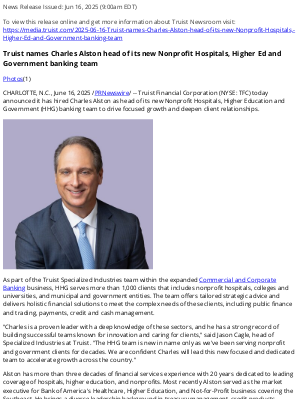 Truist names Charles Alston head of its new Nonprofit Hospitals, Higher Ed and Government banking team