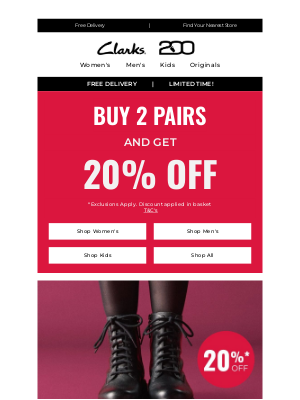 Clarks Shoes (United Kingdom) - Buy 2 pairs, get 20% OFF starts NOW!